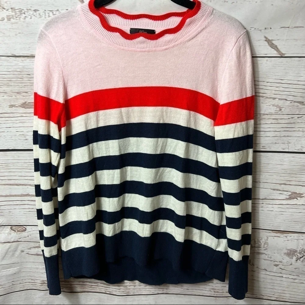 J. Crew L Scallop-Trimmed Pullover Sweater Stripe Merino Wool L1070 0652 Pink